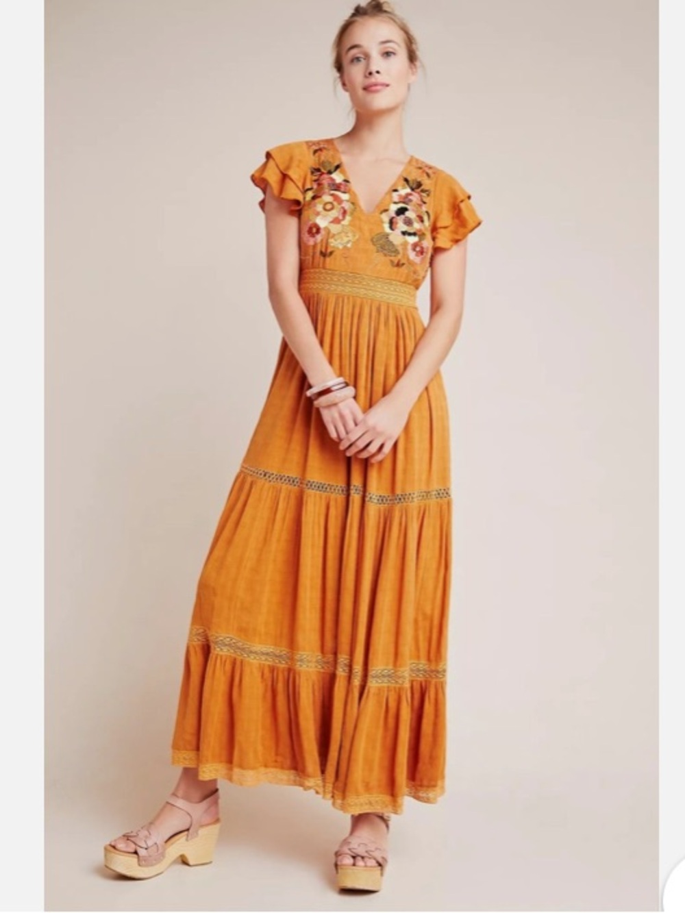 Anthropologie Maeve sunshine Embroidered Flutter-Sleeve Tiered Maxi Dress